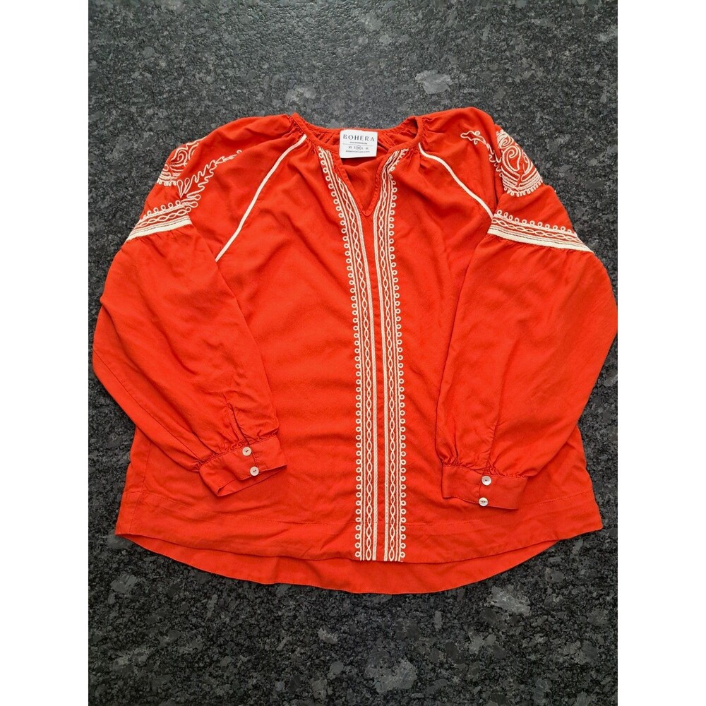 BOHERA Orange/White Embroidered V-Neck Long Sleeve Viscose Blouse Size M